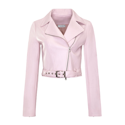 Stretch Leather Belted Biker Jacket-Pink