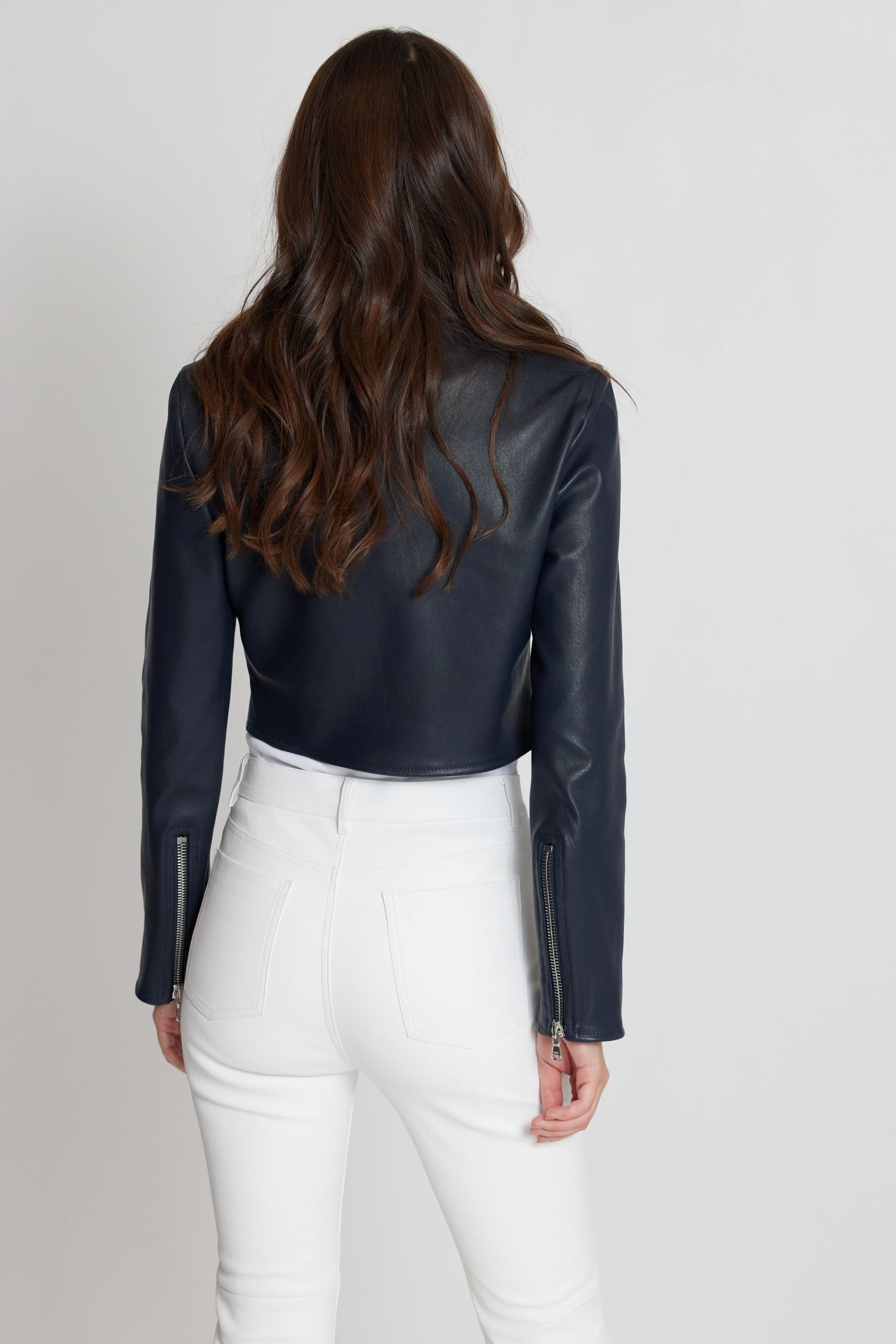 Stretch Leather Long Sleeve Cropped Moto-Navy