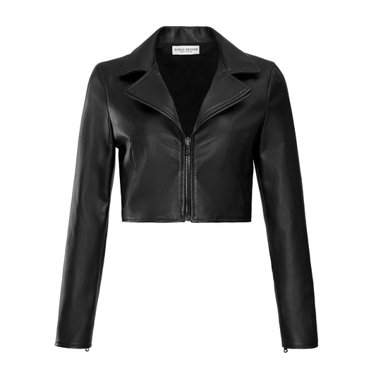 Stretch Leather Long Sleeve Cropped Moto-Black