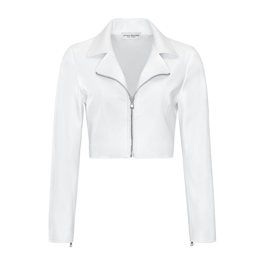 Stretch Leather Long Sleeve Cropped Moto-White