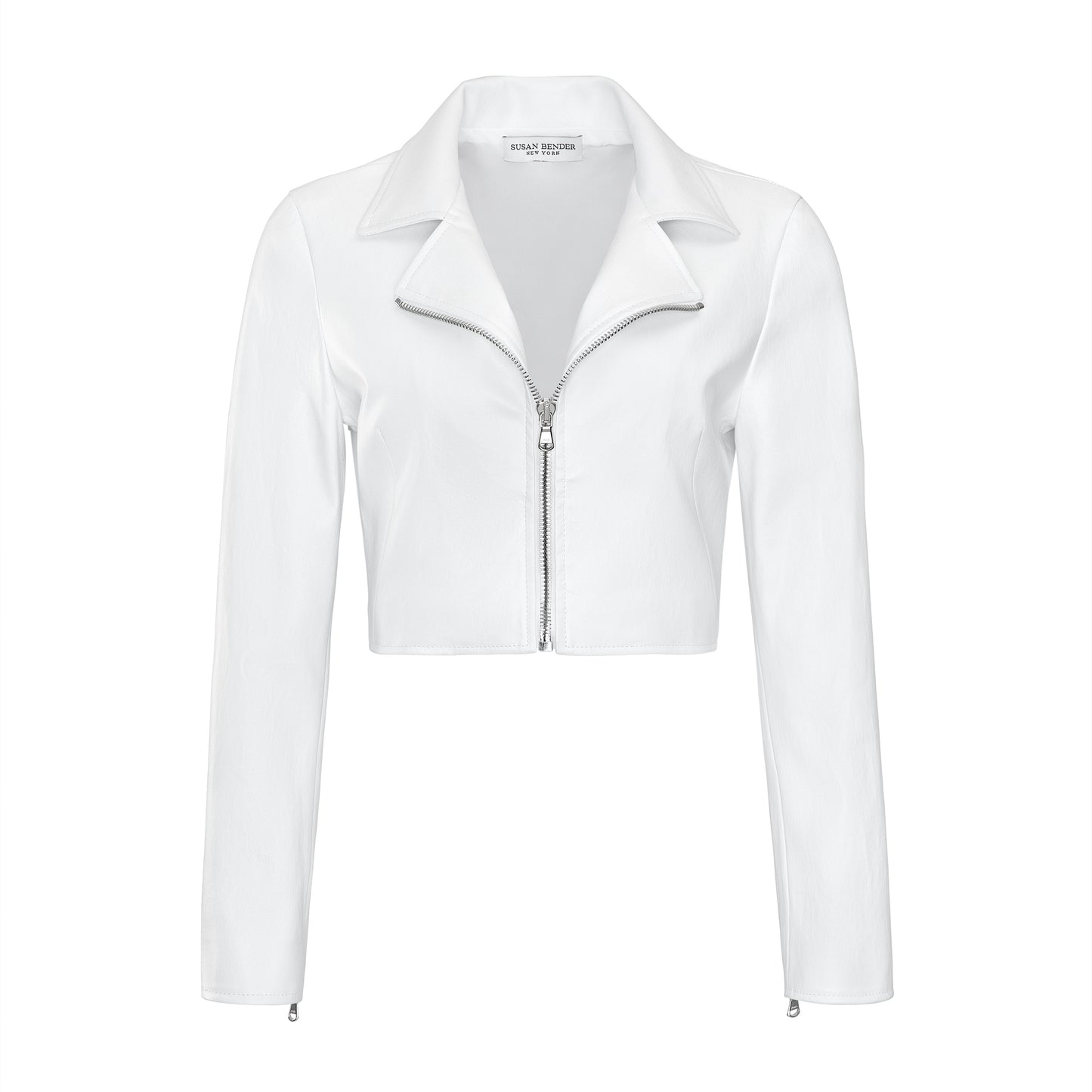 Stretch Leather Long Sleeve Cropped Moto-White