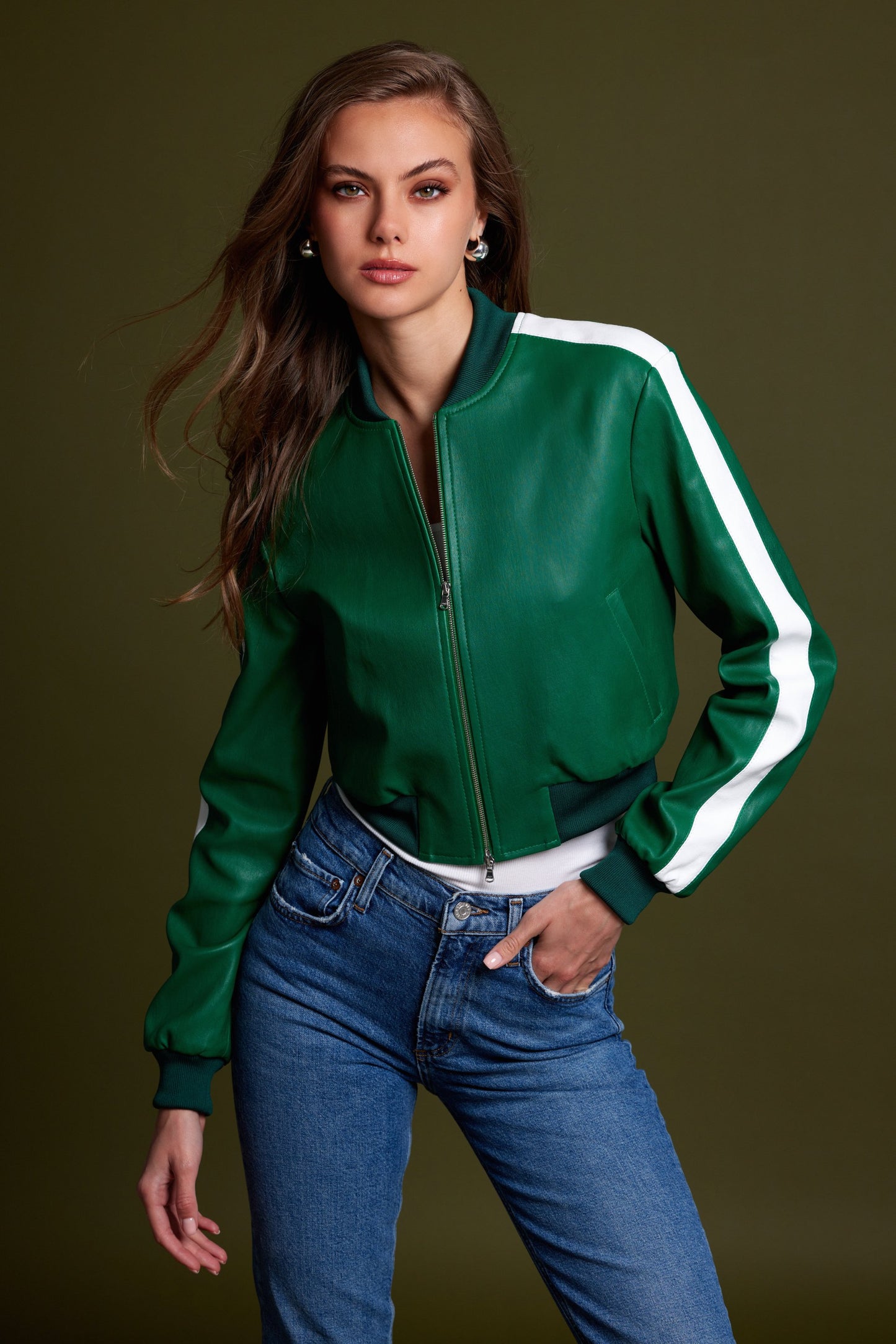 Long Sleeve Bomber - Emerald Green